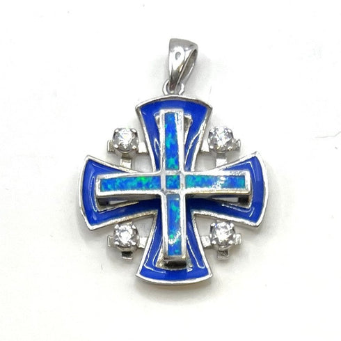 Sterling Silver Enamel with Opal Jerusalem Cross Pendant